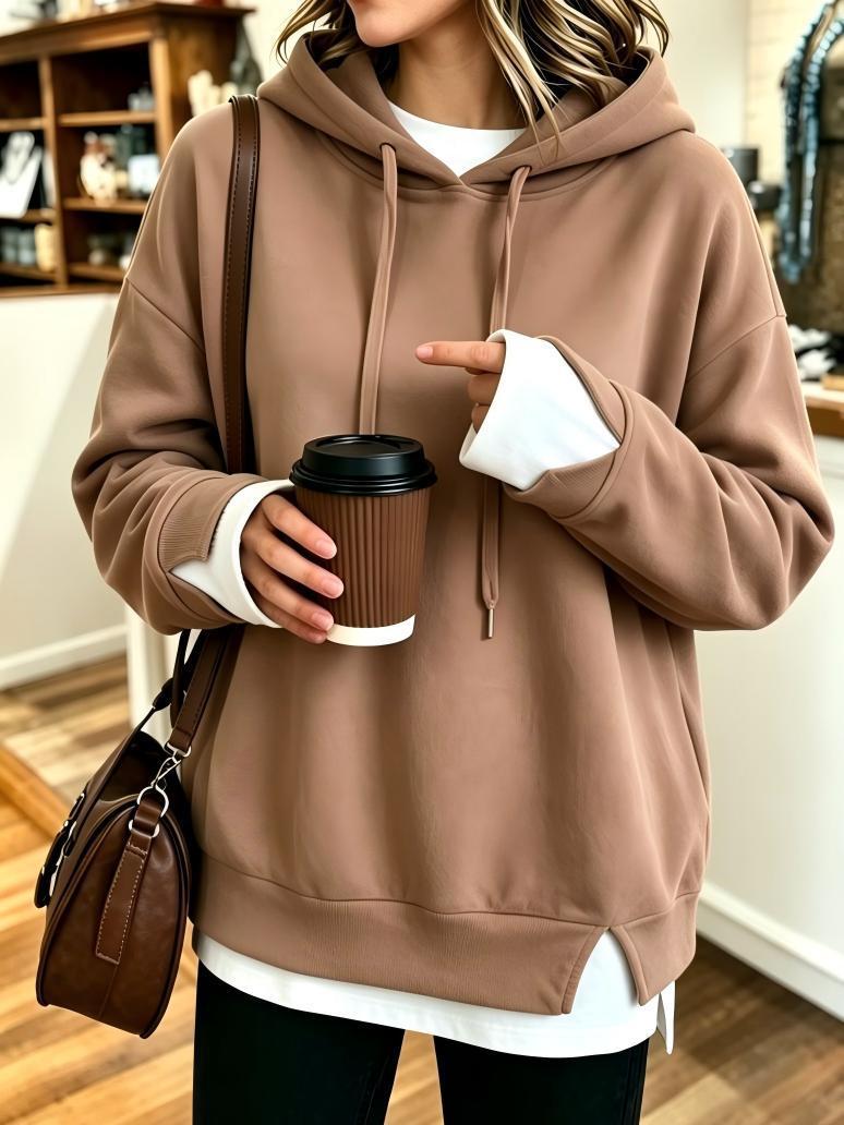 Brown layered-look hooded sweatshirt for women