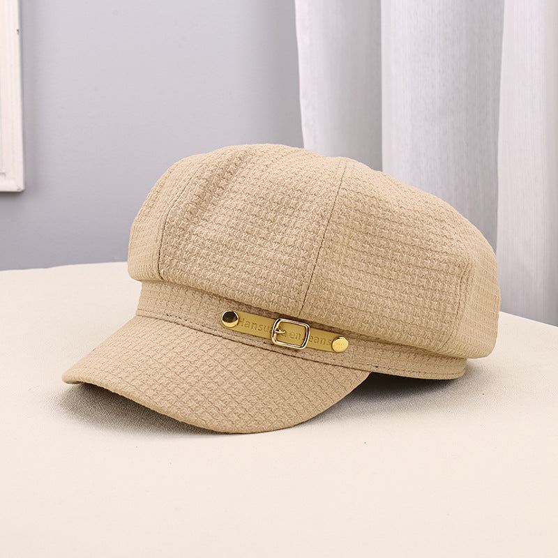 Khaki pleated octagonal newsboy cap for women