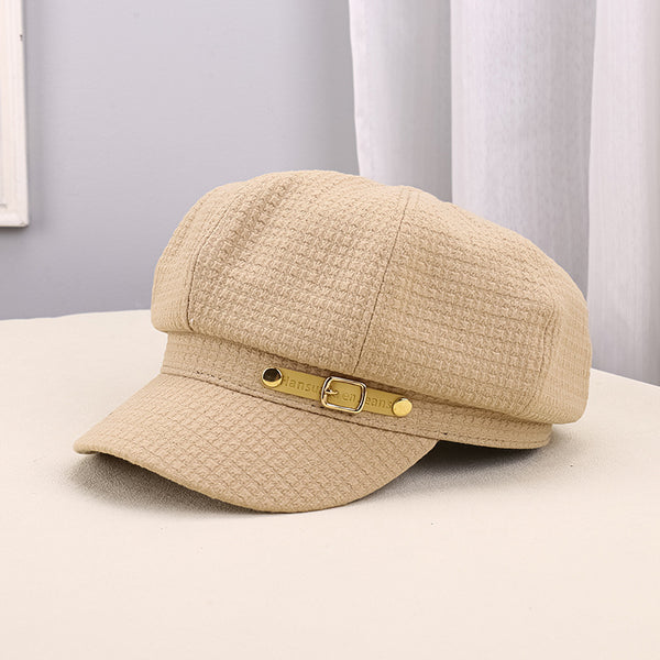 Khaki pleated octagonal newsboy cap for women