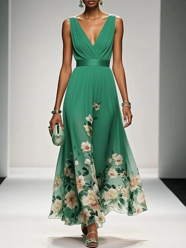 V-Neck Slim-Fit Chiffon Evening Gown