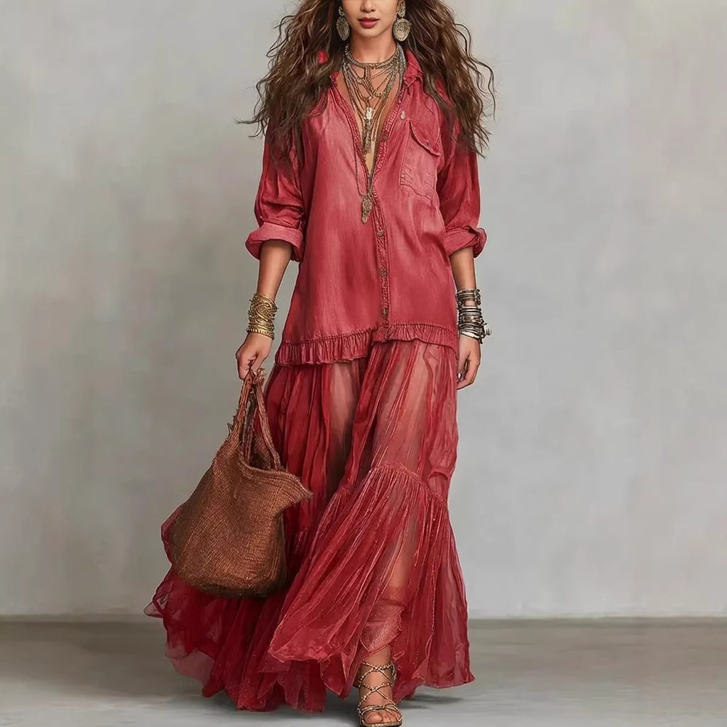 Product detail photo of Faux Denim Lapel Maxi Dress, faux denim lapel maxi dress, everyday style