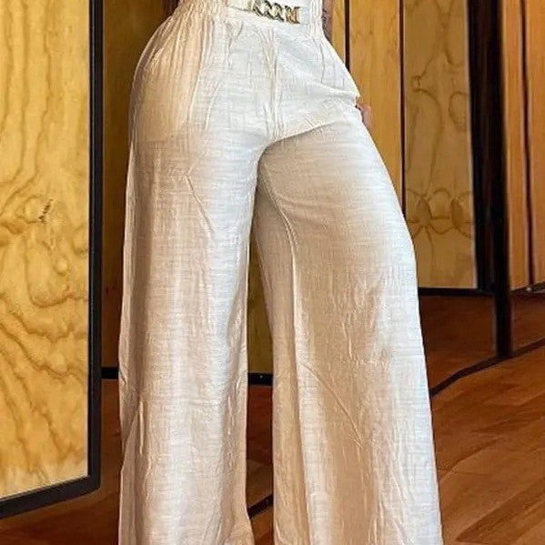 White high-waisted wide-leg trousers product image