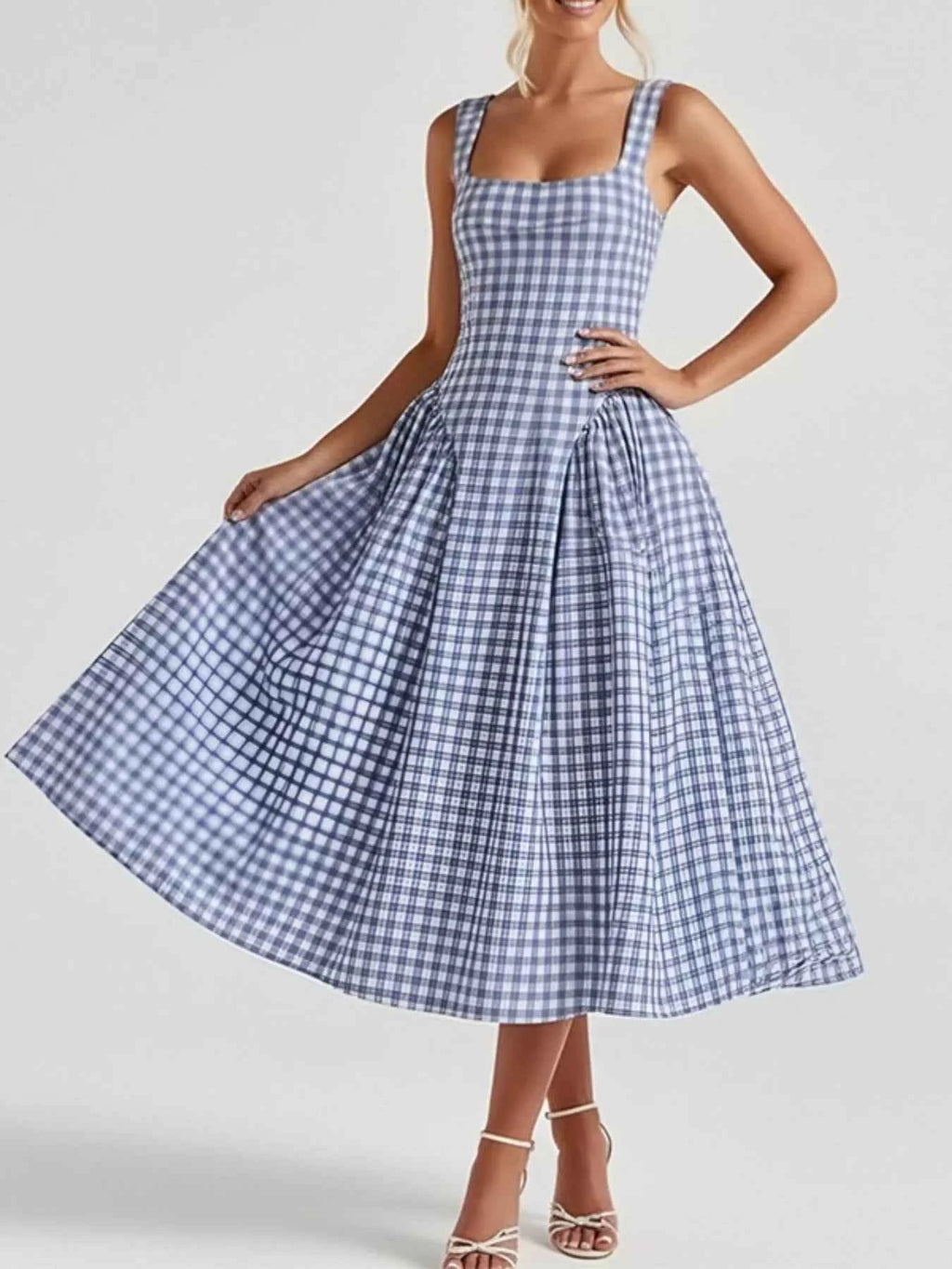 Full Size Square Neck Plaid Dress-Casual Dresses-Splashis-Color:Dusty Blue-Size:3XL-Splashis
