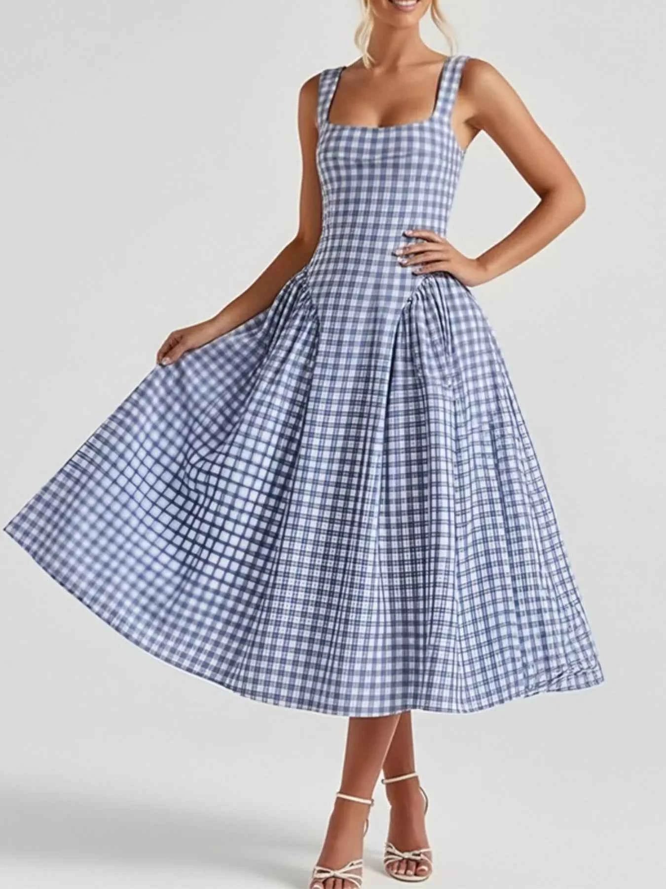 Full Size Square Neck Plaid Dress-Casual Dresses-Splashis-Color:Dusty Blue-Size:3XL-Splashis