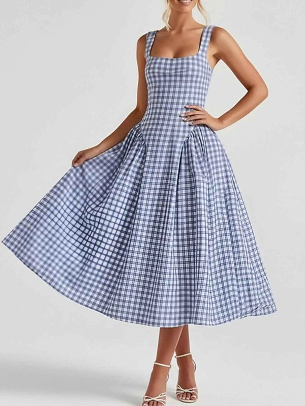 Full Size Square Neck Plaid Dress-Casual Dresses-Splashis-Color:Dusty Blue-Size:3XL-Splashis