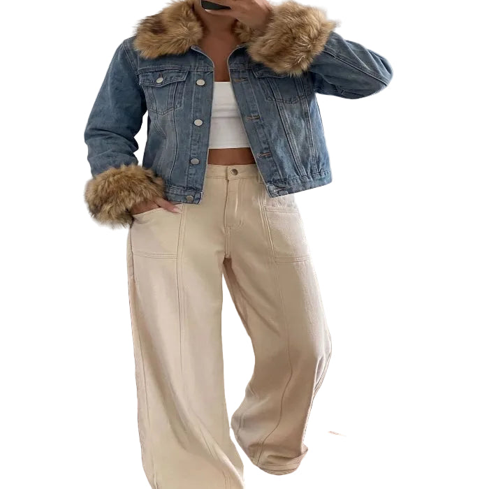 Cropped denim jacket with faux fur trim for women
