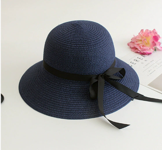 Dark Blue foldable straw sun hat with bow for women