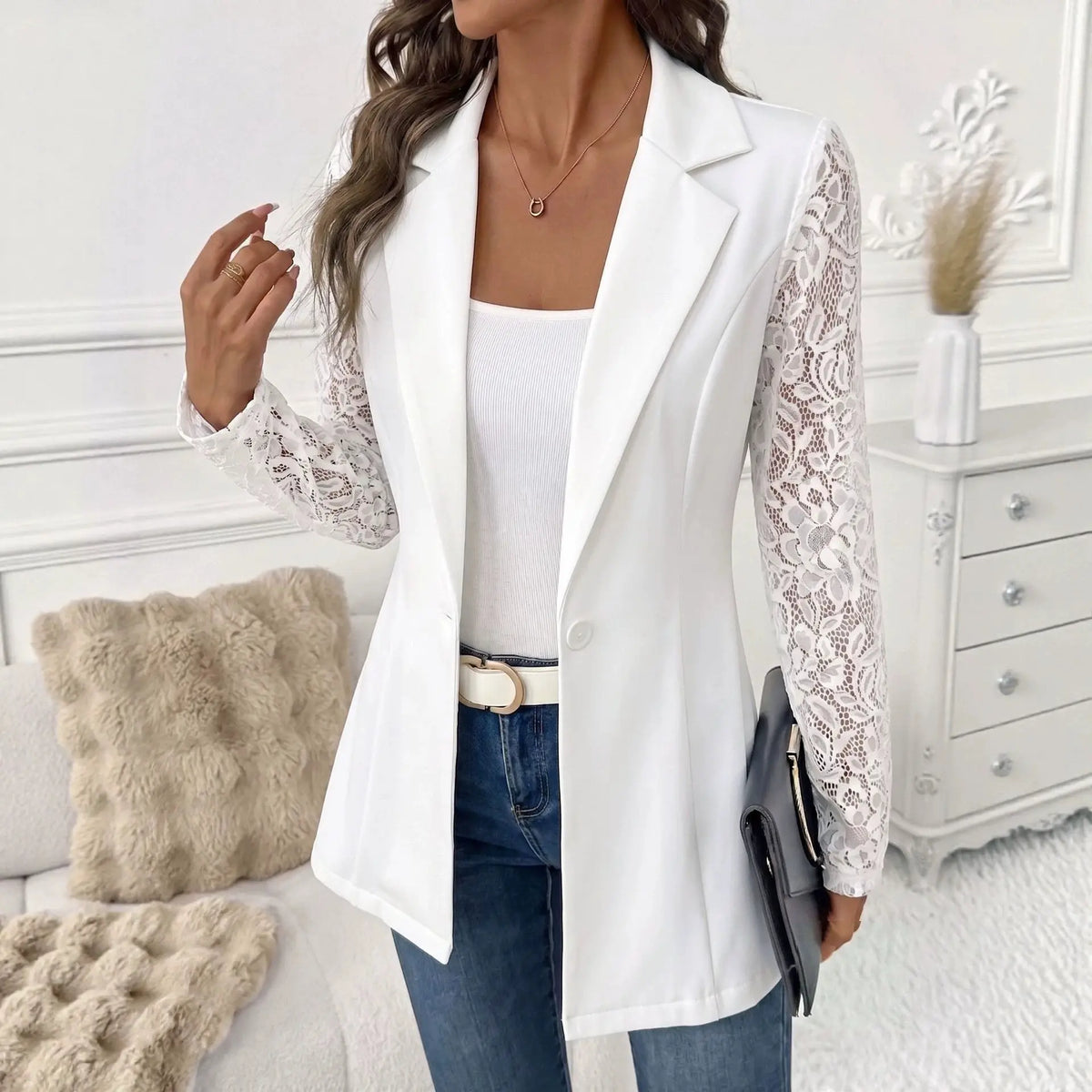 Women's One-Button Lace-Panel Blazer – Black or White product image