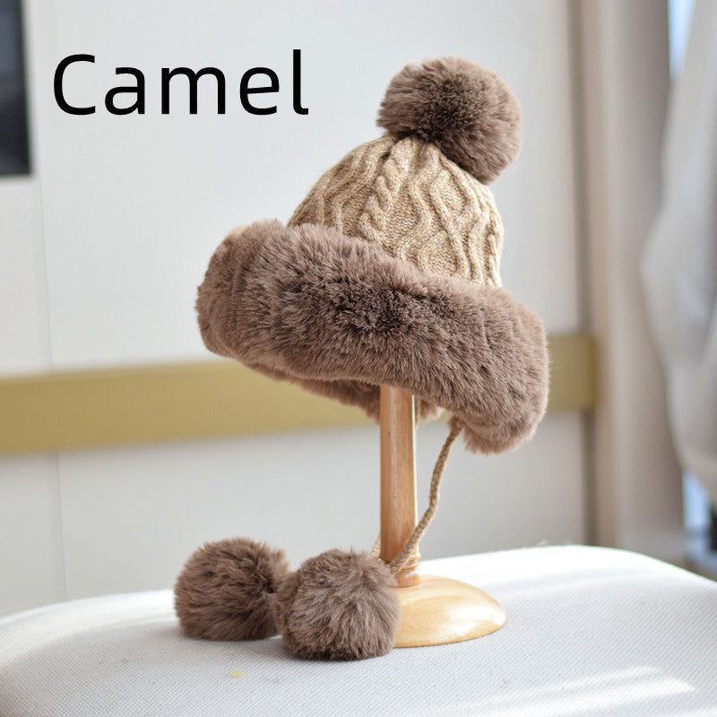 Camel pom-pom lace-up winter hat for women