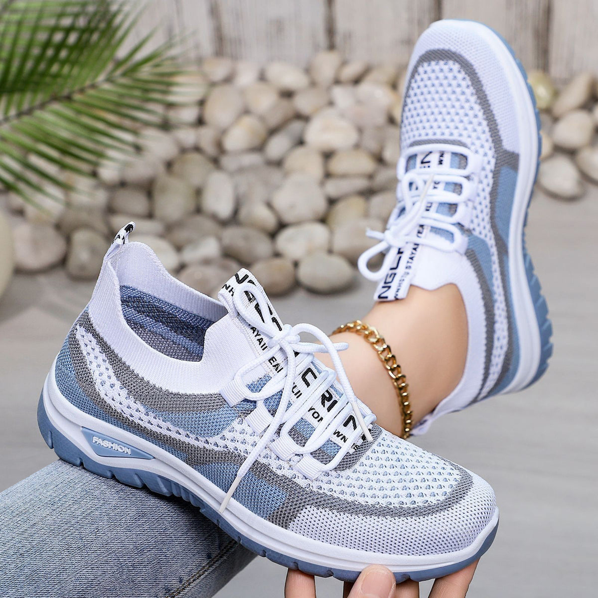 Blue mesh lace-up lightweight sneakers for women