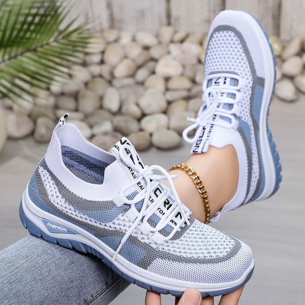 Blue mesh lace-up lightweight sneakers for women