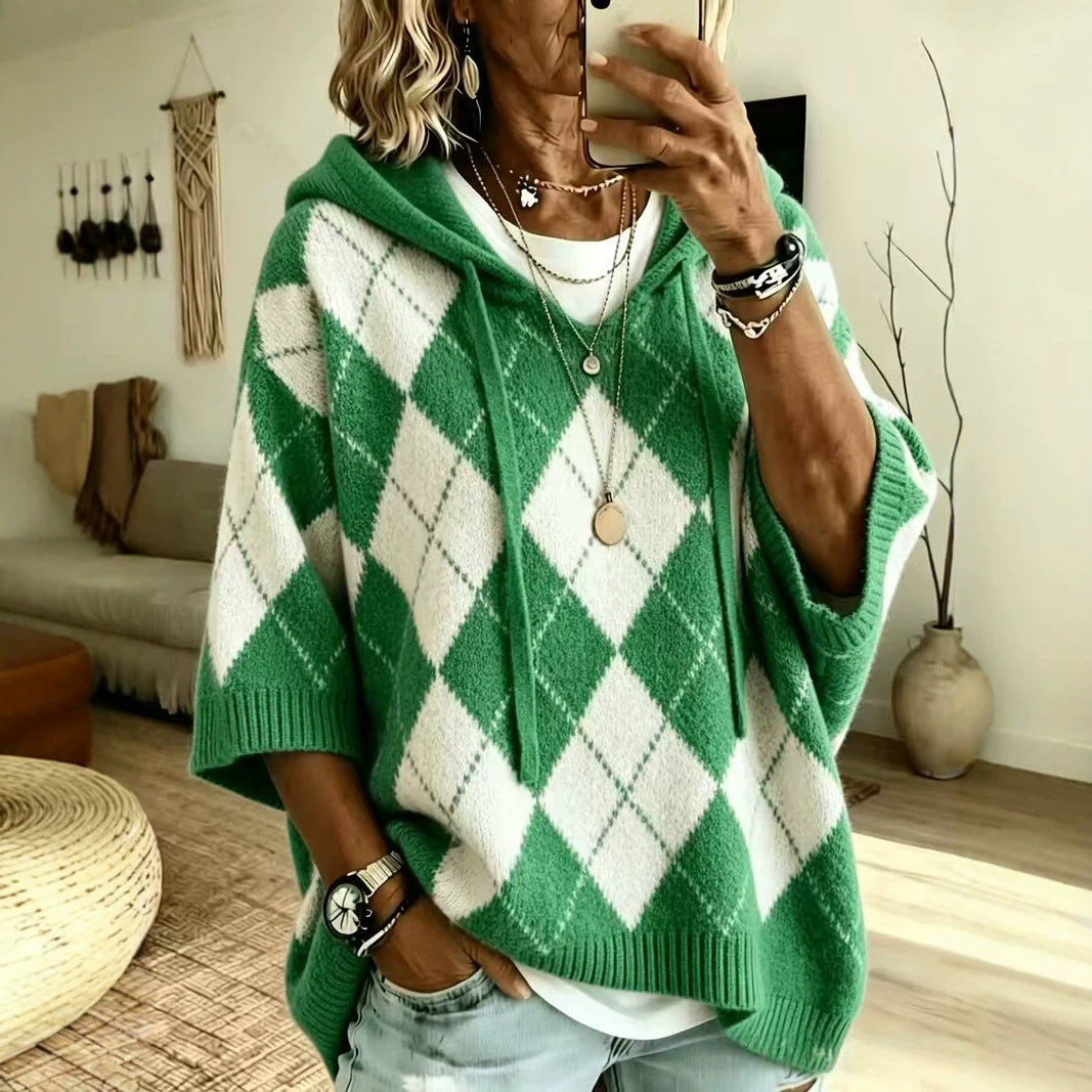 Hooded drawstring sweater, front view