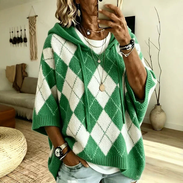 Hooded drawstring sweater, front view