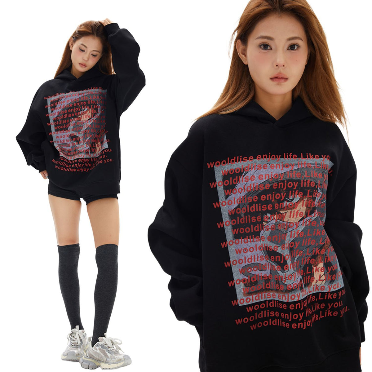 Women's Letter Print Loose Hoodie-Splashis, alternate view 3