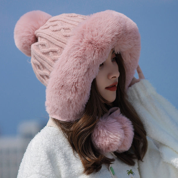 Pink pom-pom lace-up winter hat for women