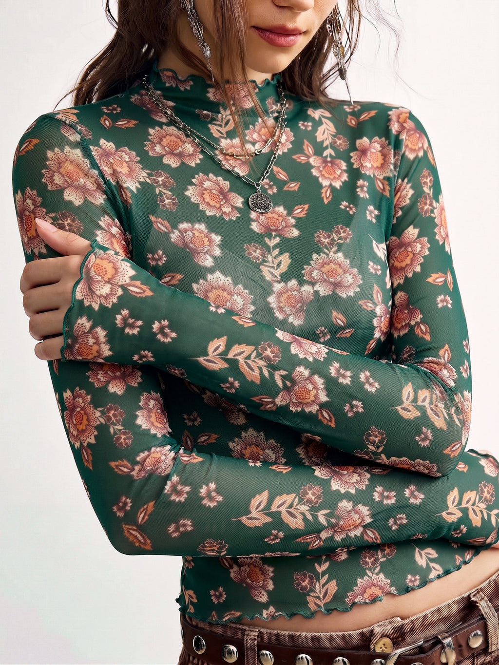 Floral mesh top - slim fit long sleeve for women, image 8