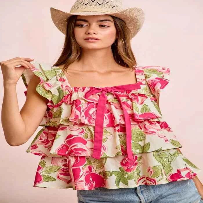 Floral print square neck top — primary view