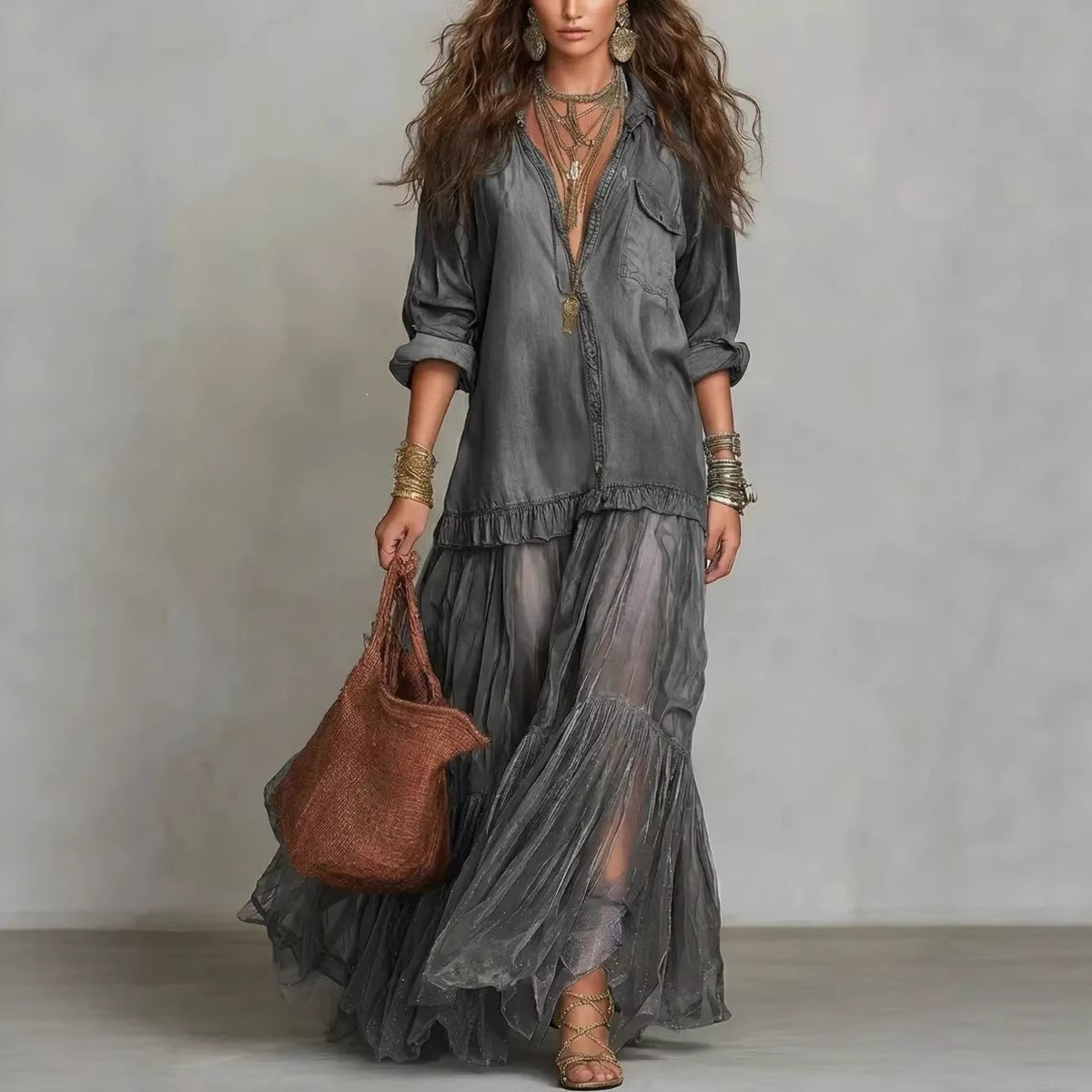Product detail photo of Faux Denim Lapel Maxi Dress, faux denim lapel maxi dress, everyday style