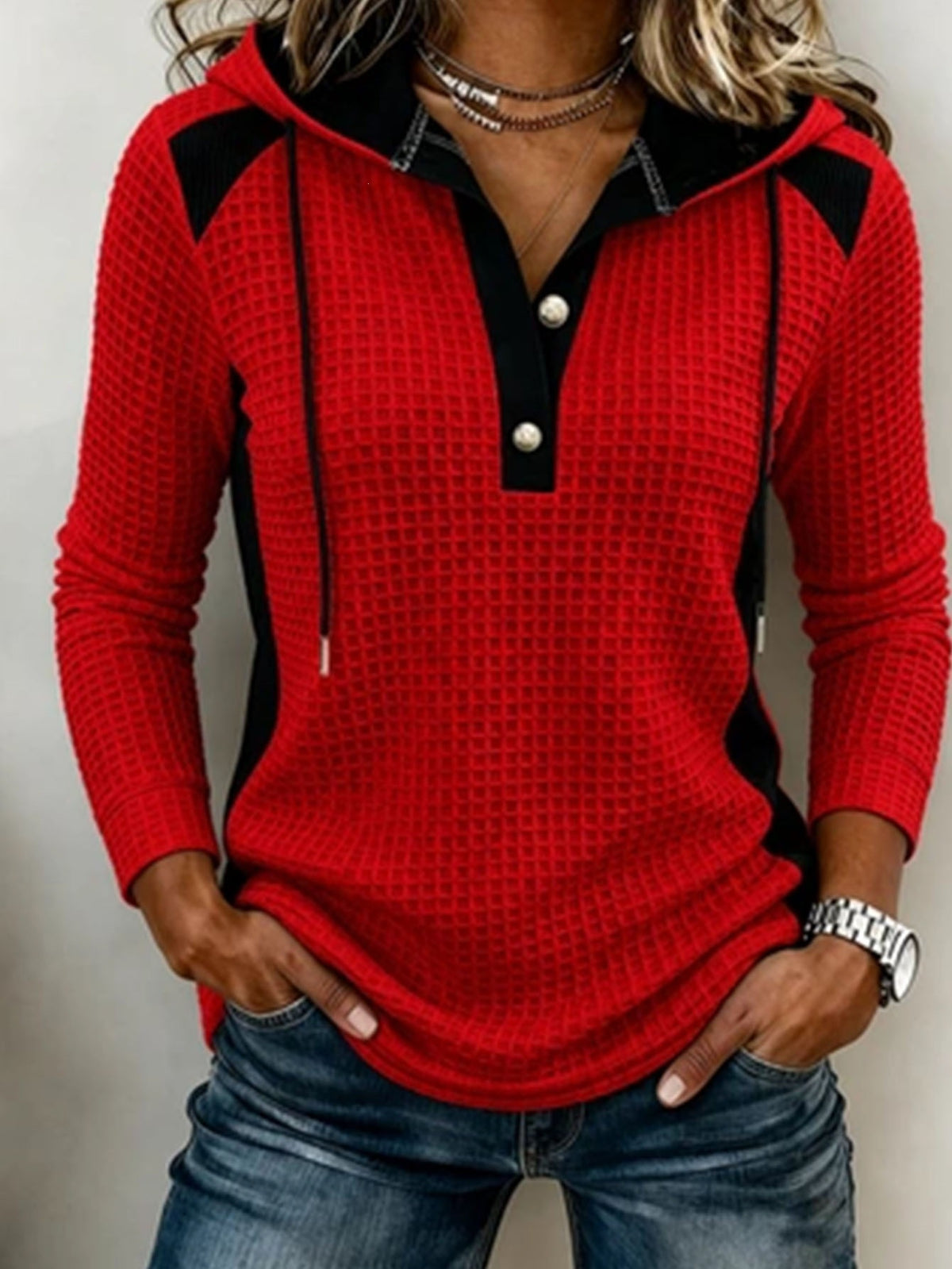 Red waffle knit hoodie sweatshirt for women