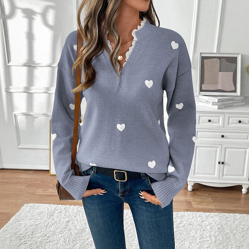 Women's V-Neck Heart Pattern Knit Sweater additional product view