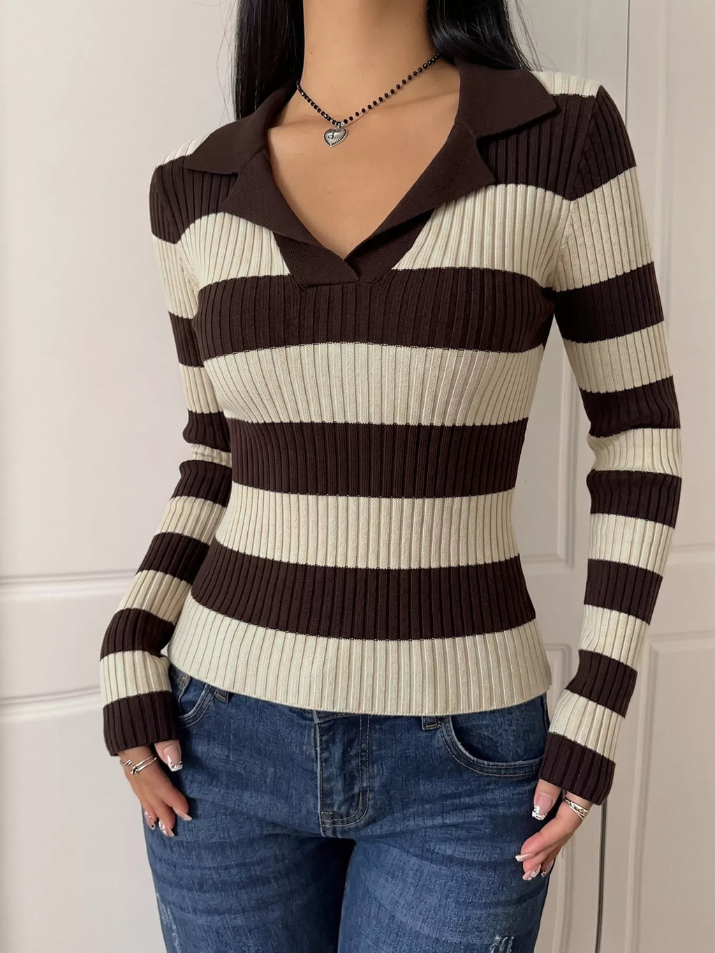 Striped Ribbed Knit Long Sleeve Sweater view 2
