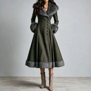 Olive green fur-collar long dress with fitted waist