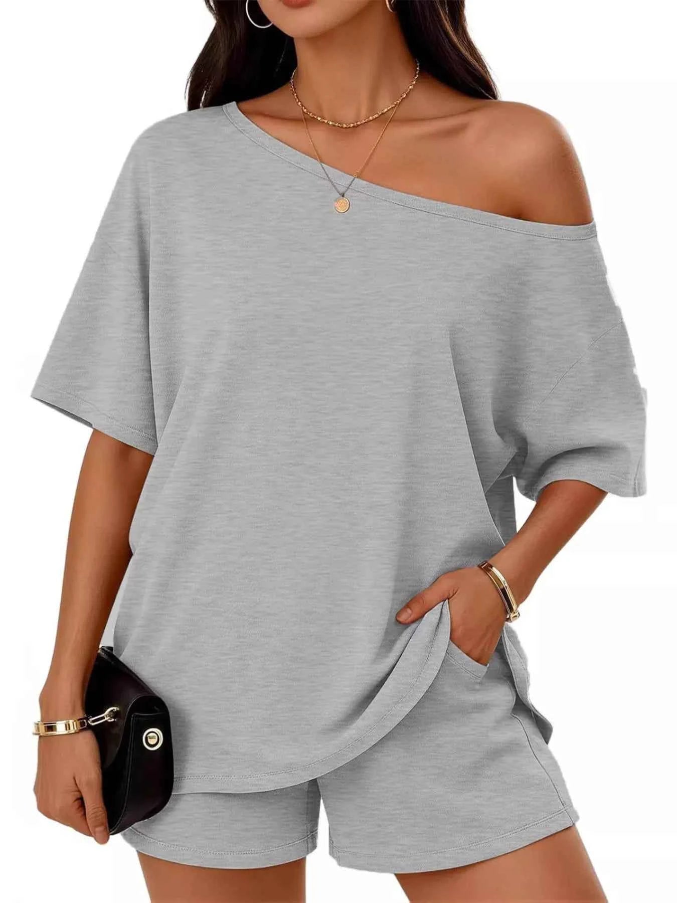 Plus Size Lounge Set Boat Neck Tee & Shorts, front product view