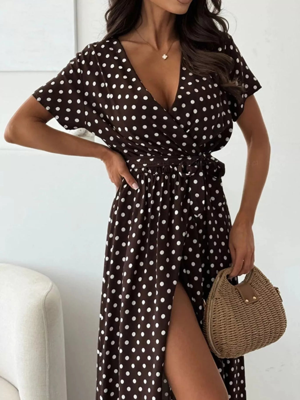 Polka Dot Surplice Maxi Dress with Slit view 15