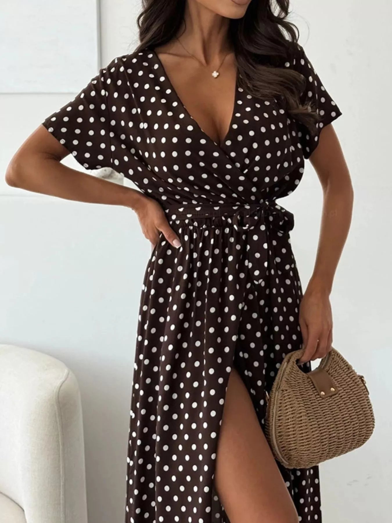 Polka Dot Surplice Maxi Dress with Slit view 15