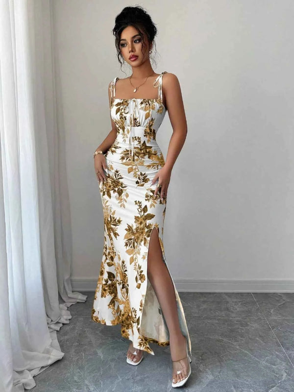 Printed Tie Strap Slit Maxi Dress-Maxi Dress.-Splashis-Splashis