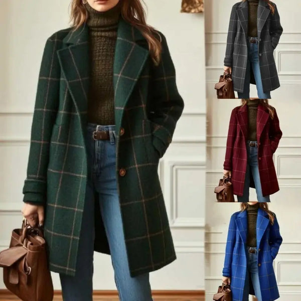 Dark green checked lapel coat with additional coat colors shown alongside