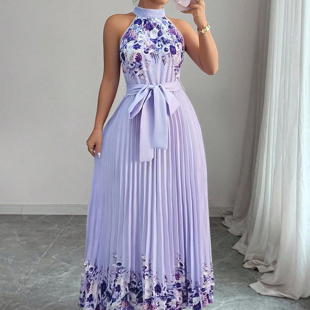 Women's Floral Print Pleated Maxi Dress, angled product view