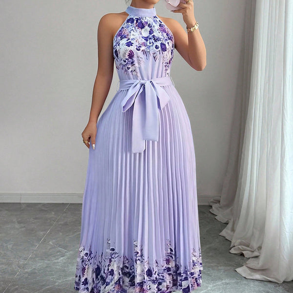 Women's Floral Print Pleated Maxi Dress, angled product view