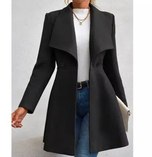 Black slim-fit long coat with lapel collar for women
