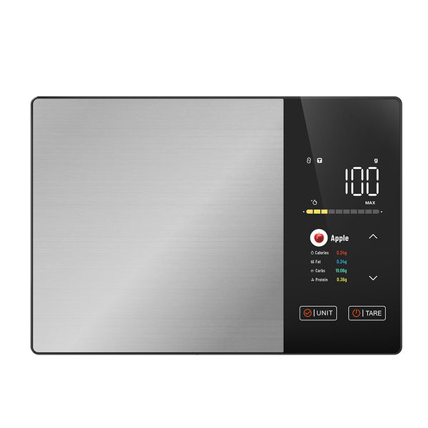 Smart kitchen nutrition scale shown on white background