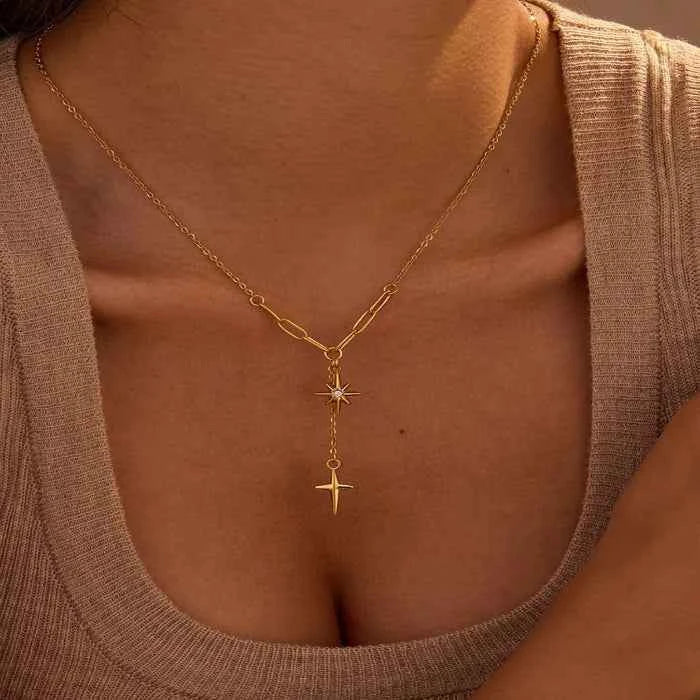 Star and cross pendant necklace in 18K gold-plated finish — primary view