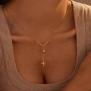 Gold star cross pendant necklace in 18K gold-plated finish