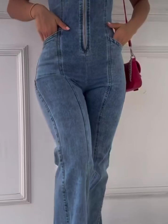 Blue Sleeveless Denim Jumpsuit, front product view