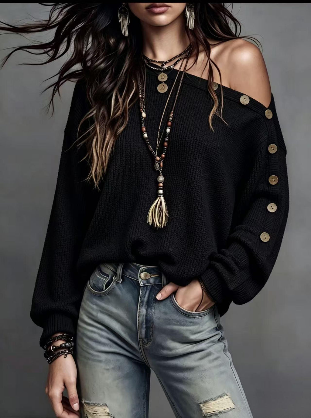 Off-Shoulder Button-Sleeve Pullover Sweater – view 10