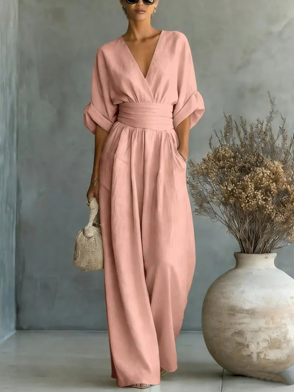 Short-sleeve V-neck wide-leg jumpsuit product image