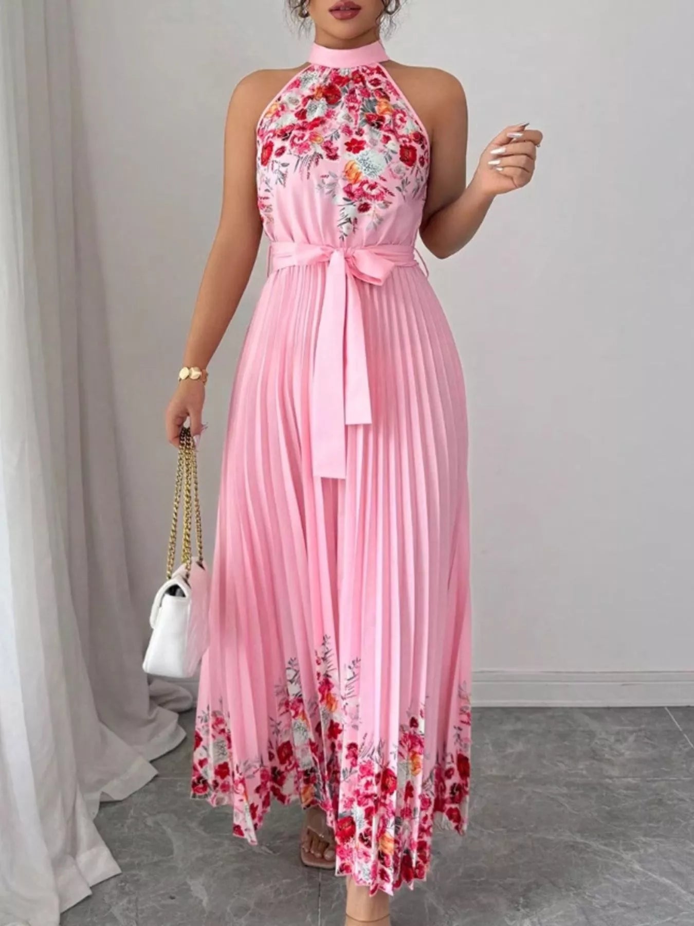 Halter Neck Floral Print Pleated Maxi Dress — additional view 4