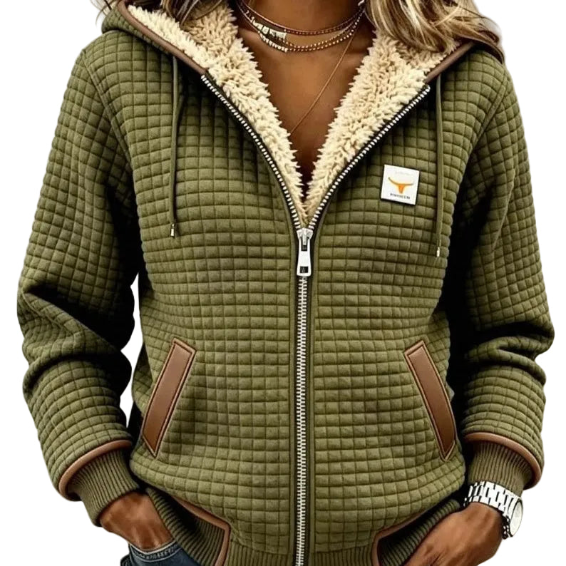 Olive waffle-textured zip-up hoodie with plush lining and contrast pocket trim