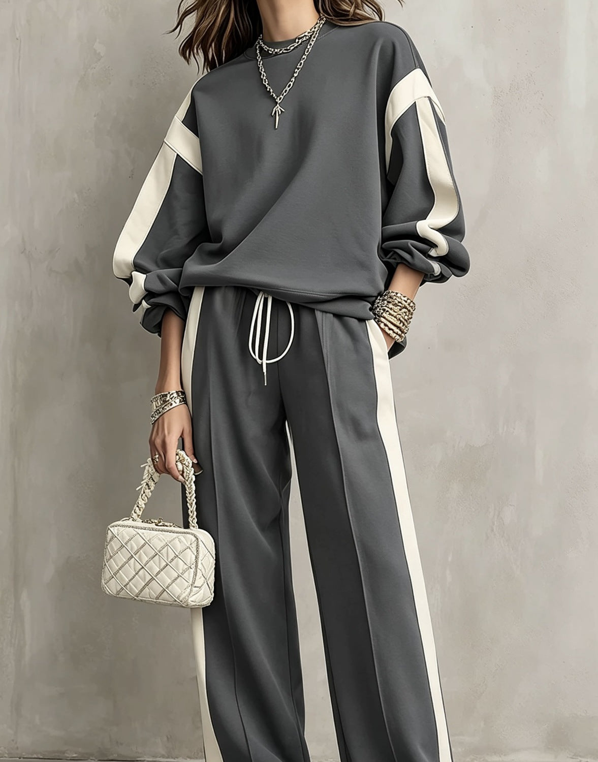 Charcoal sweatshirt and wide-leg pants set, front view with contrast panels
