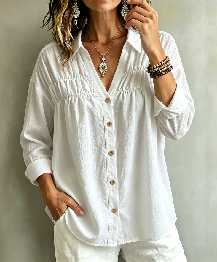 Product detail photo of V Neck Button Long Sleeve Blouse, Women’s Blouse, everyday style