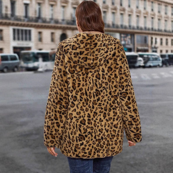 Women's Hooded Loose Fit Thick Leopard Print Jacket, angled product view
