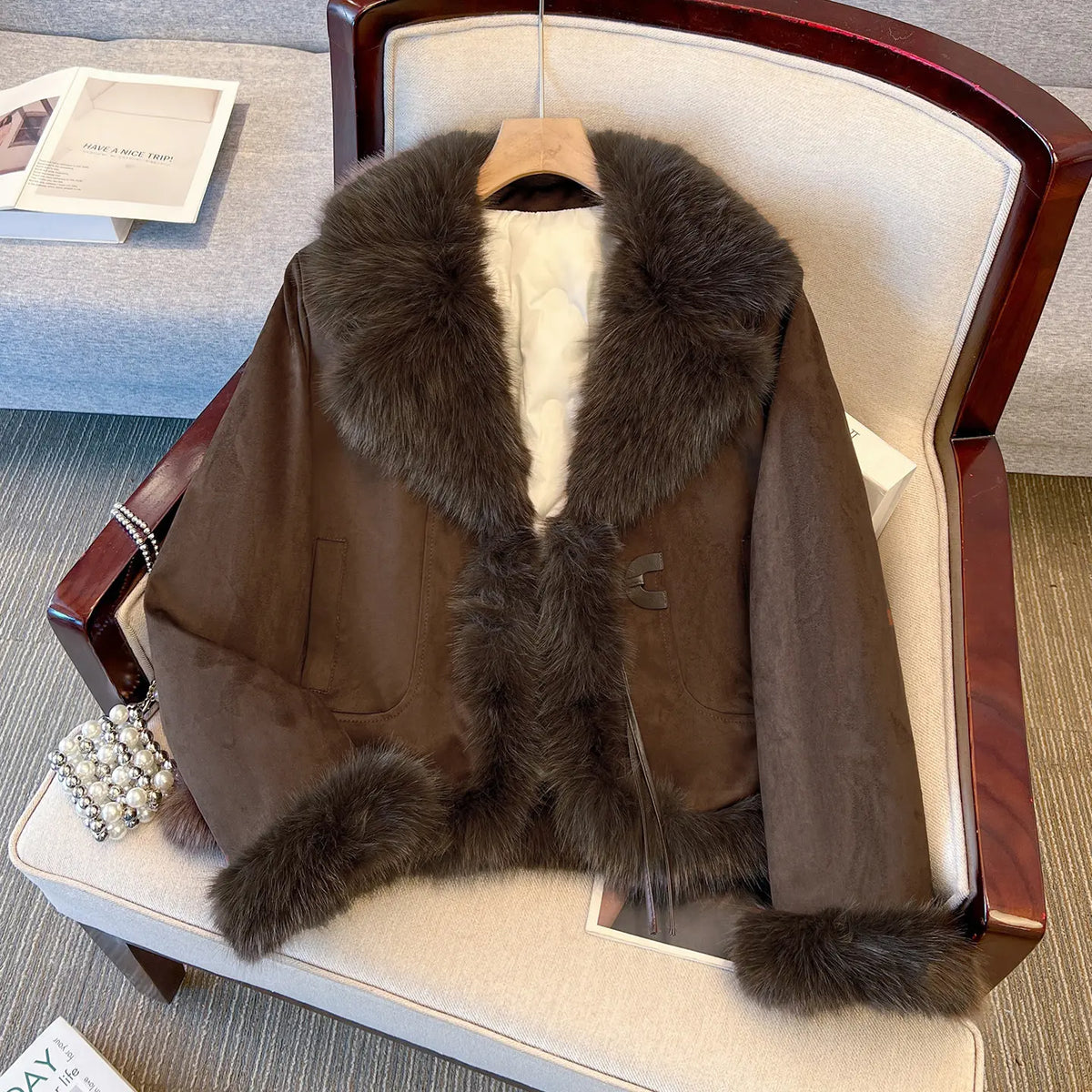 Women's Faux-Fur-Collar Brown Polyester Coat product image