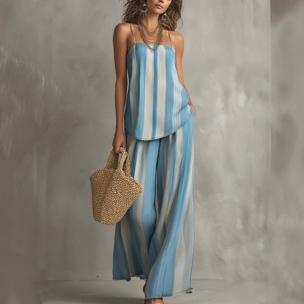 Main product photo of Striped Strap Wide Leg Pants Set, Two Piece Set, everyday style, striped strap wide leg pants set