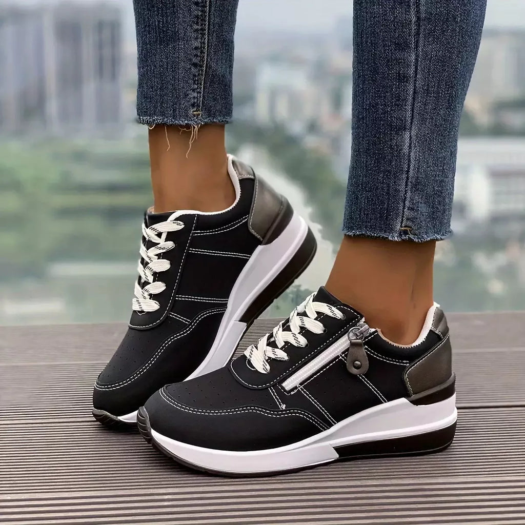 Main product photo of Round Toe Lace Up Sneakers, Shoes, black, everyday style