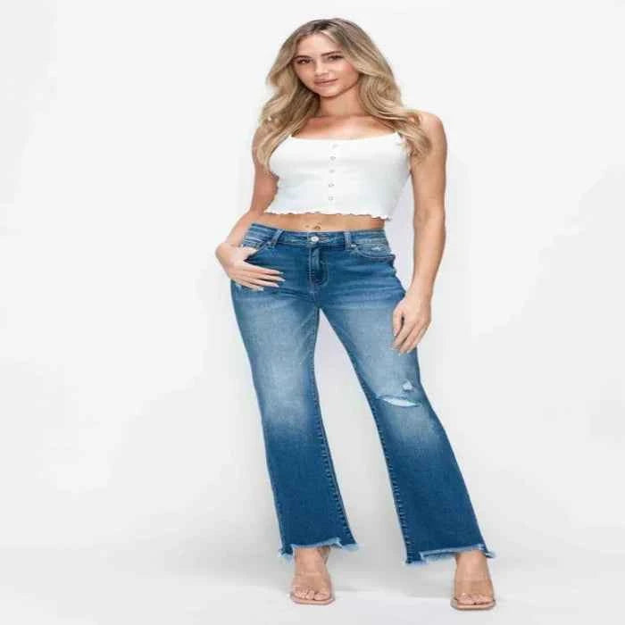Raw hem distressed mid-rise straight jeans — primary view