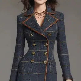 Sea blue plaid double-breasted long coat for women